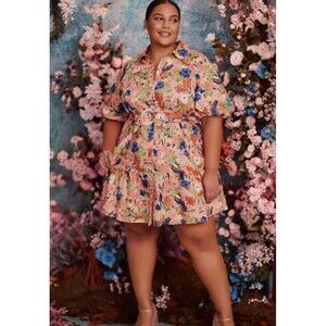 ELOQUII Elements Button Down Mini Dress With Flounce & Belt Plus Size 16